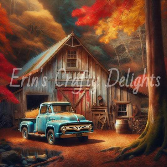 2 Autumn Blue Truck and Barn
