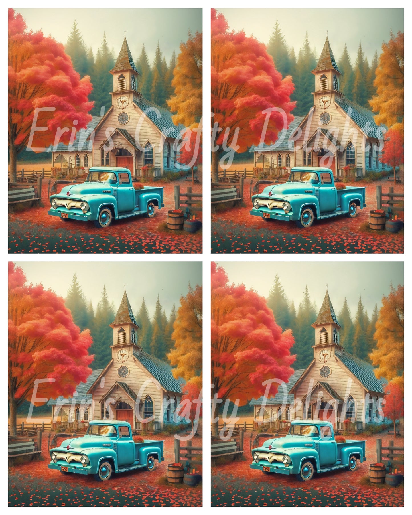2 Autumn Blue Truck and Church