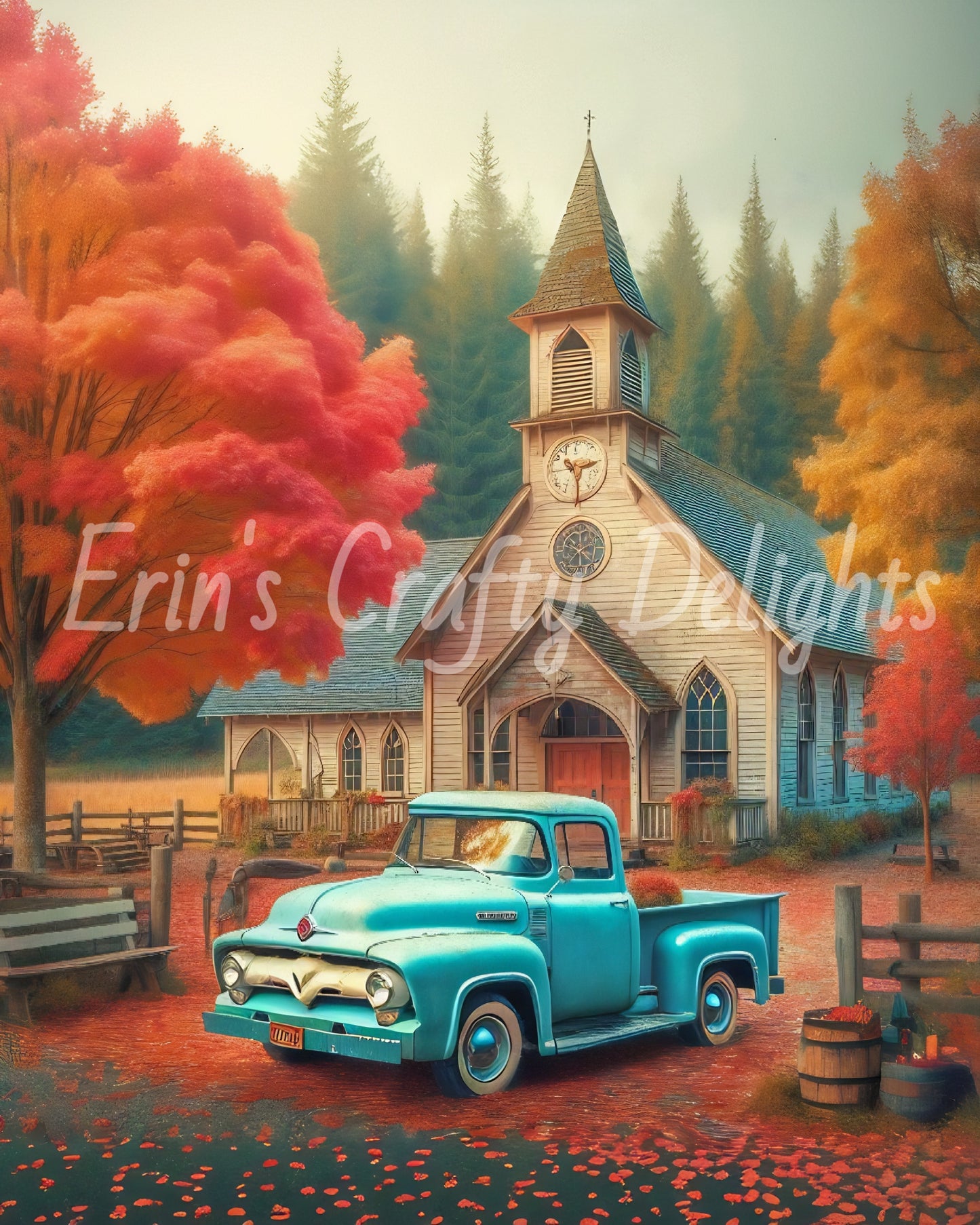 2 Autumn Blue Truck and Church