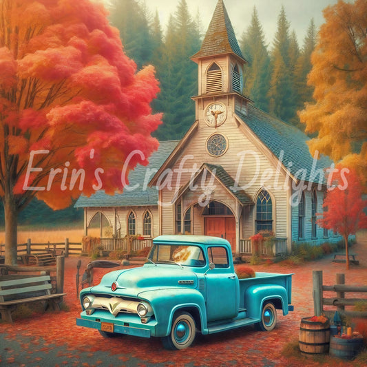2 Autumn Blue Truck and Church