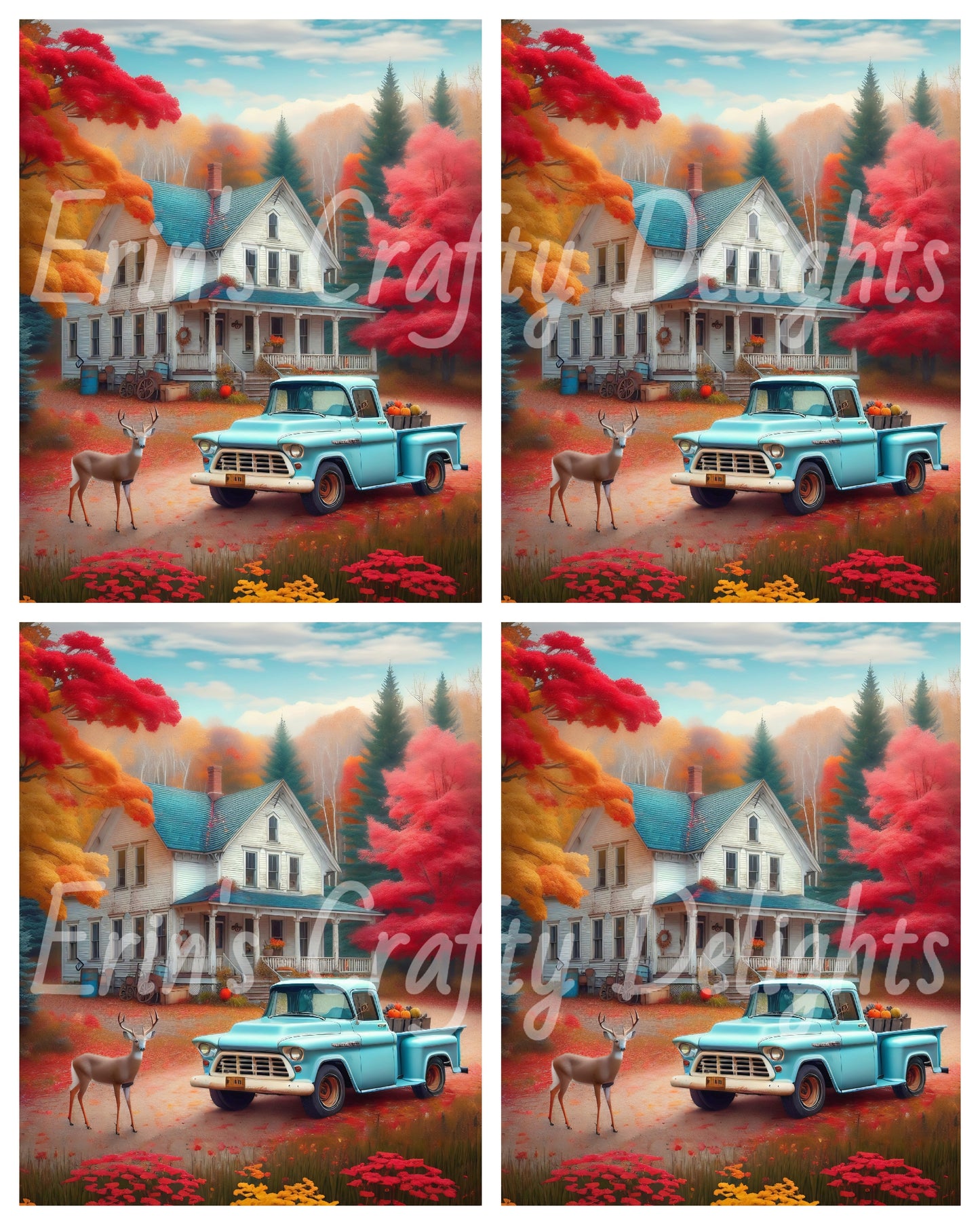 2 Autumn Blue Truck and Farmhouse