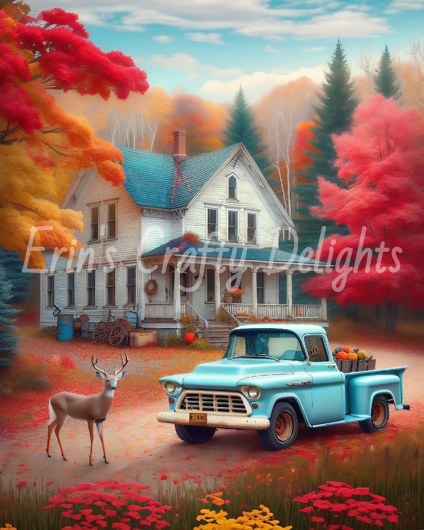 2 Autumn Blue Truck and Farmhouse