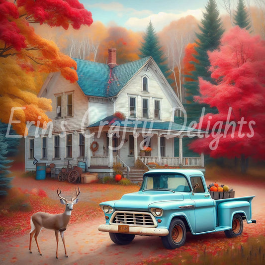 2 Autumn Blue Truck and Farmhouse