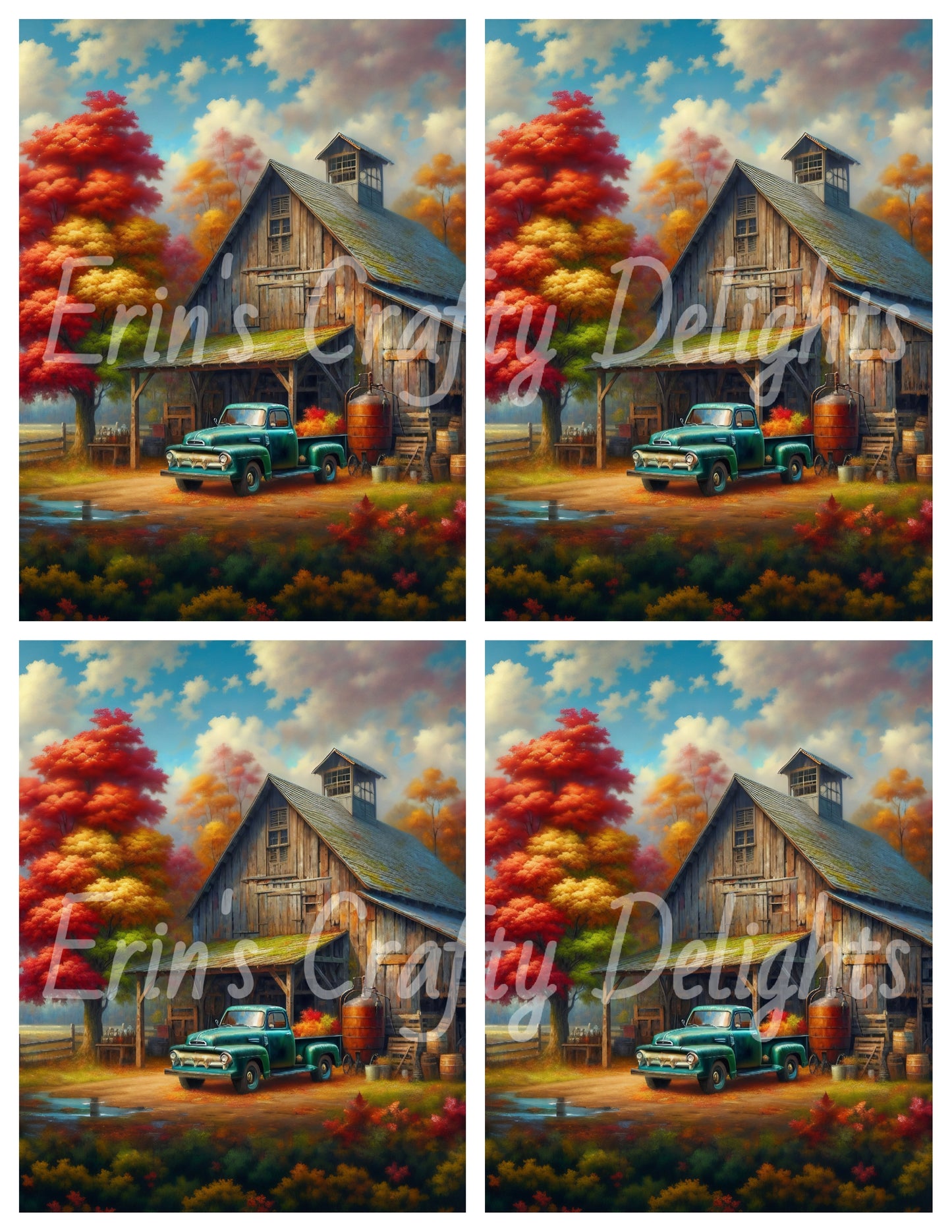 2 Autumn Green Truck and Barn