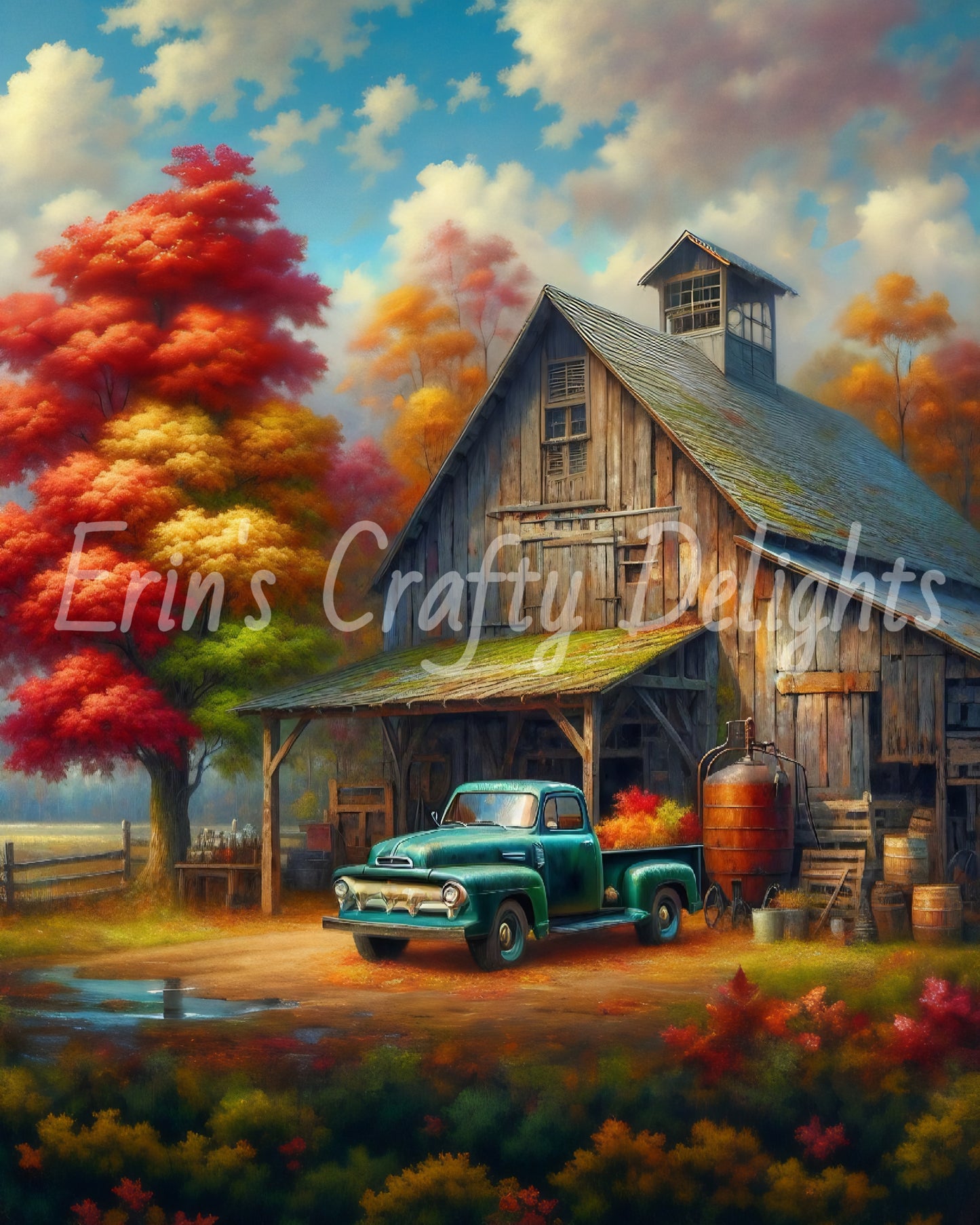 2 Autumn Green Truck and Barn