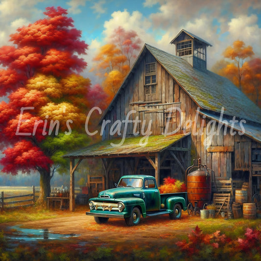 2 Autumn Green Truck and Barn