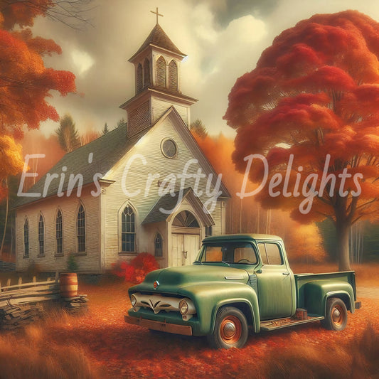 2 Autumn Green Truck and Church