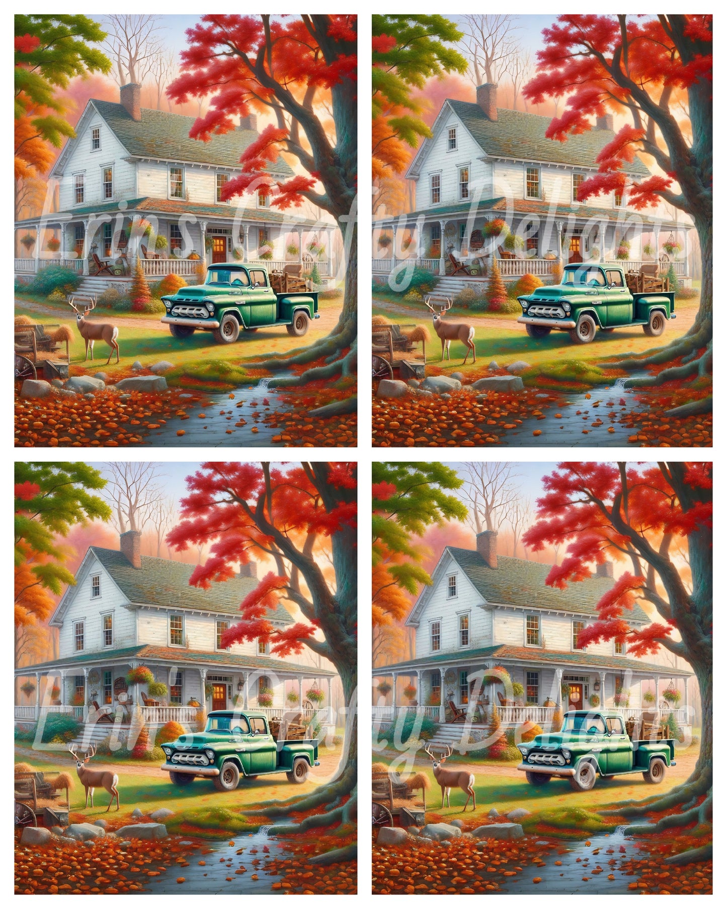 2 Autumn Green Truck and Farmhouse