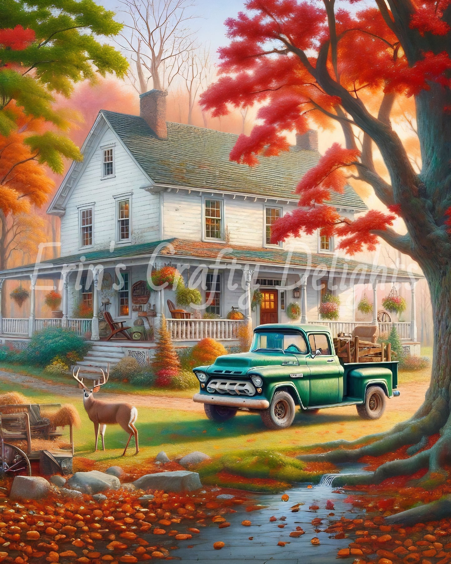 2 Autumn Green Truck and Farmhouse