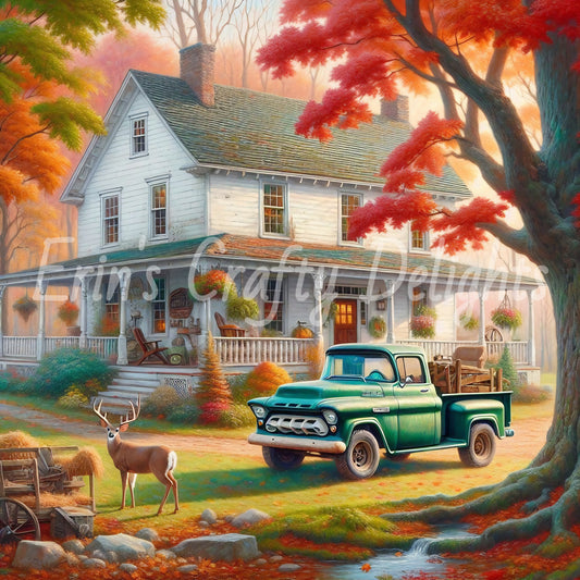 2 Autumn Green Truck and Farmhouse