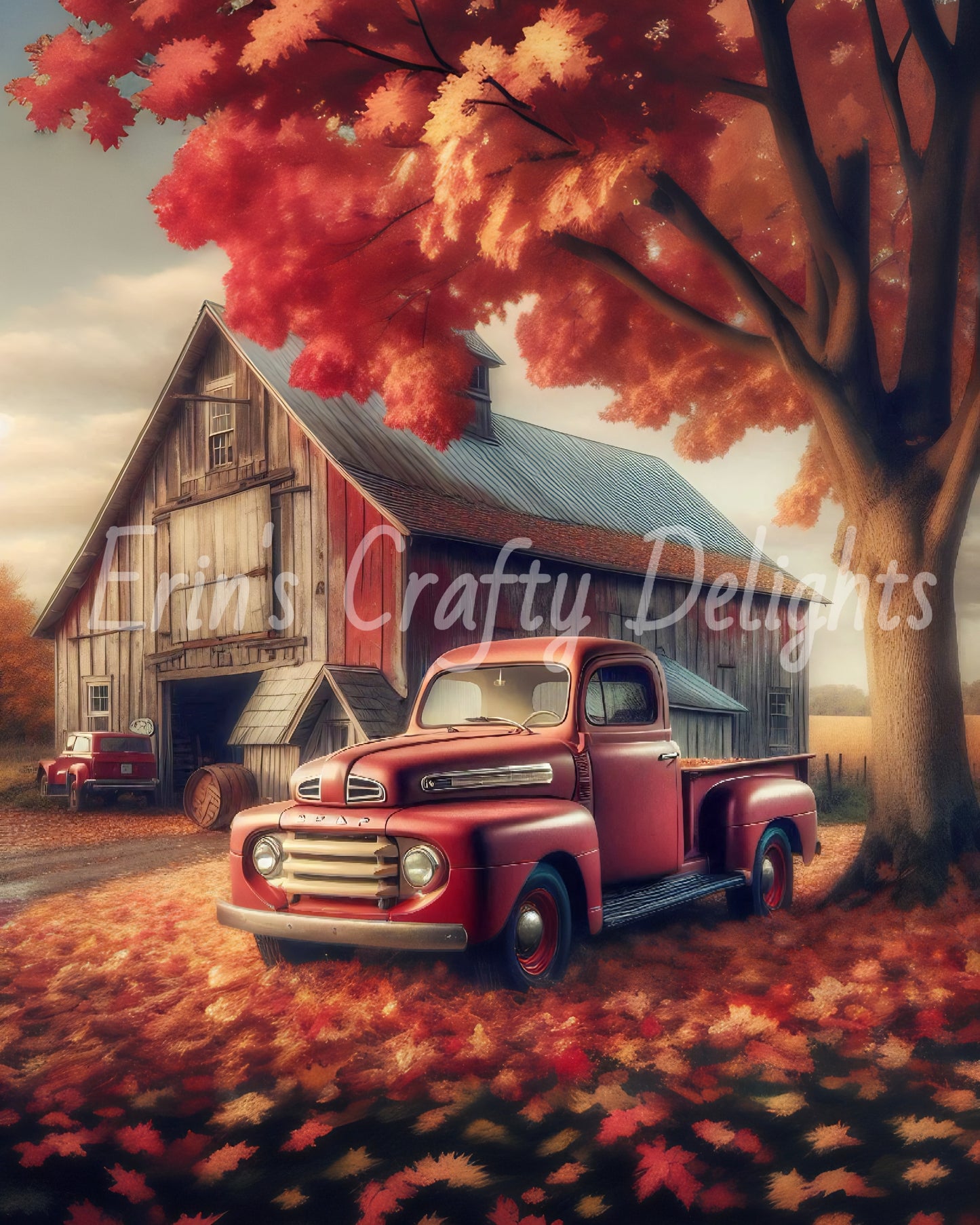 2 Autumn Red Truck and Barn