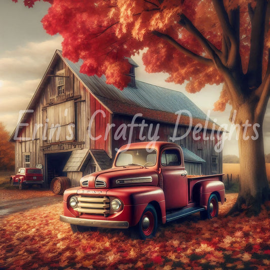 2 Autumn Red Truck and Barn