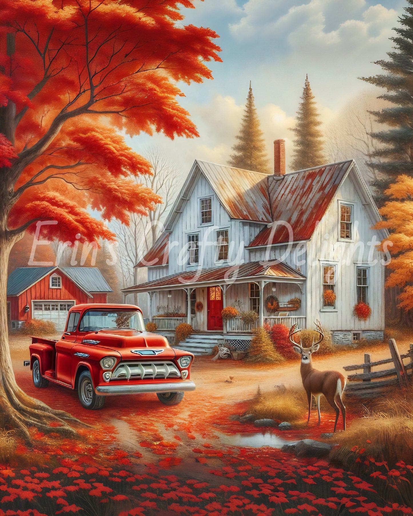 2 Autumn Red Truck and Farmhouse