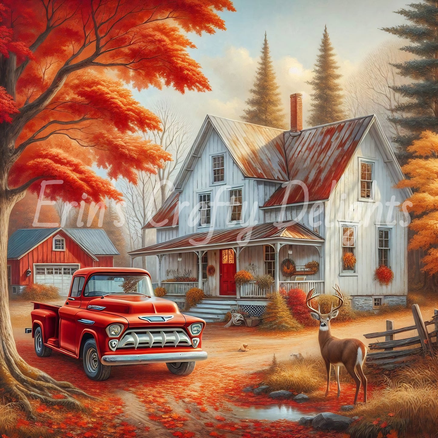 2 Autumn Red Truck and Farmhouse