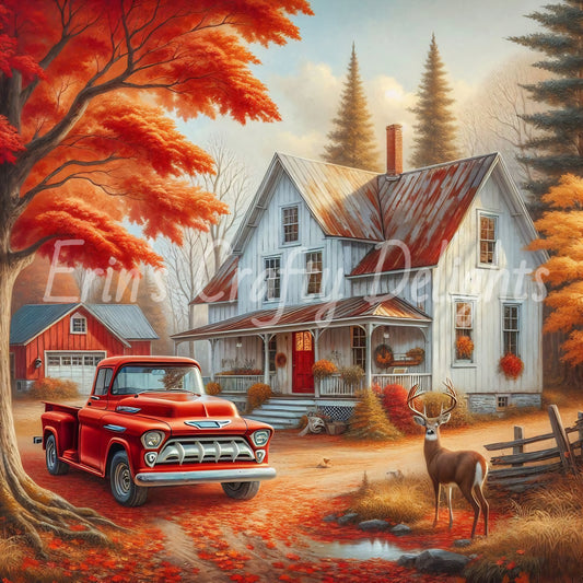 2 Autumn Red Truck and Farmhouse