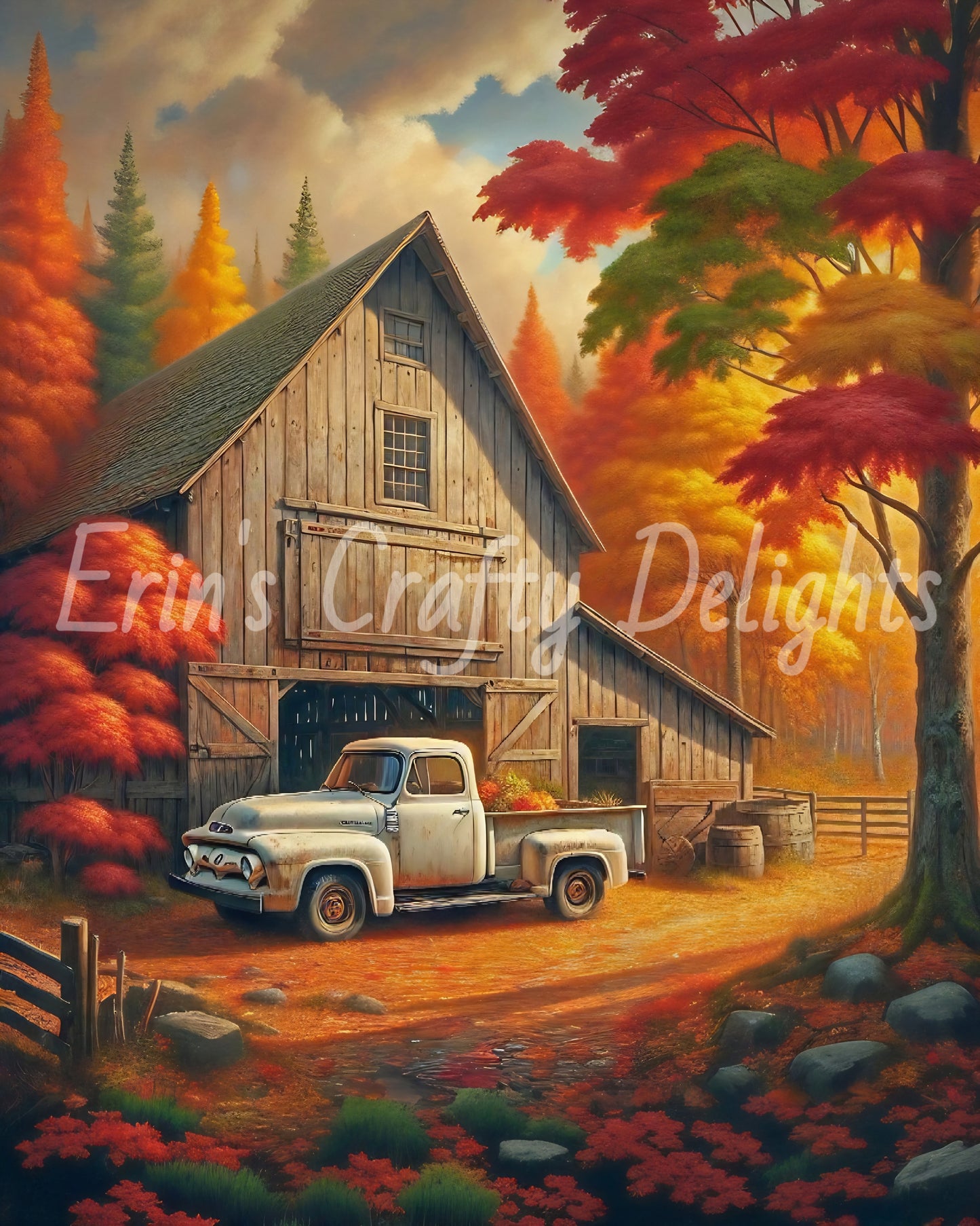 2 Autumn White Truck and Barn