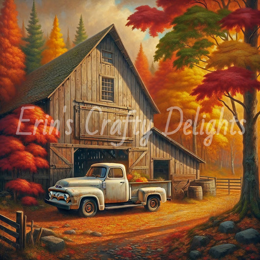 2 Autumn White Truck and Barn