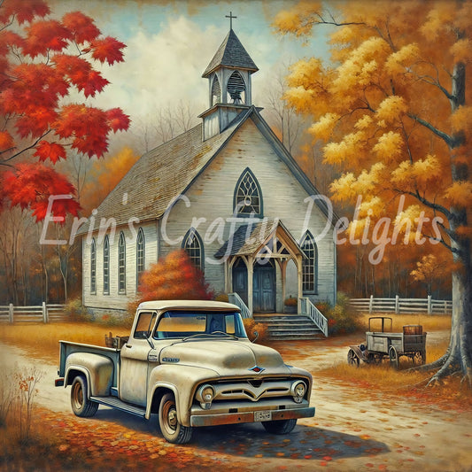 2 Autumn White Truck and Church
