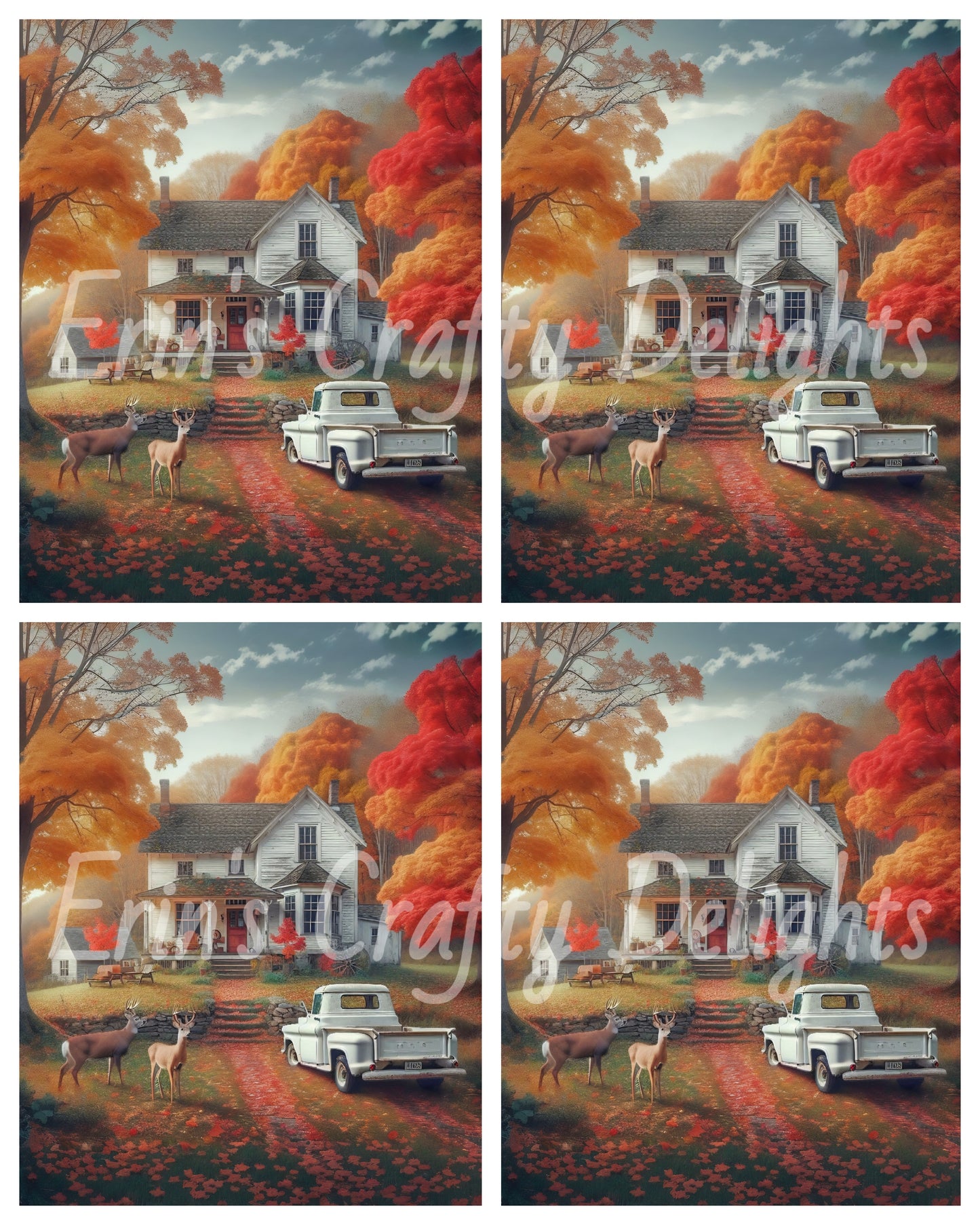 2 Autumn White Truck and Farmhouse