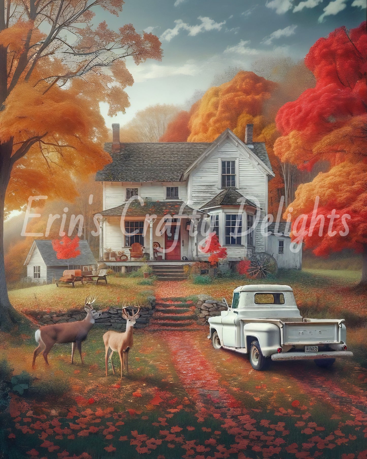 2 Autumn White Truck and Farmhouse