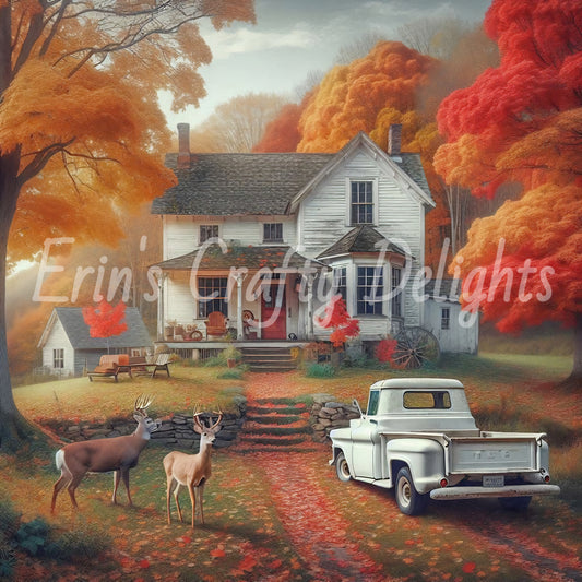 2 Autumn White Truck and Farmhouse