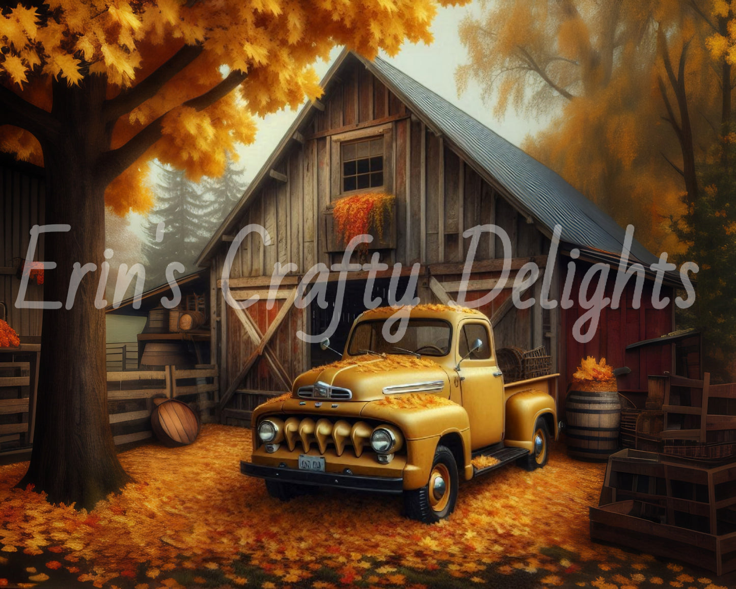2 Autumn Yellow Truck and Barn