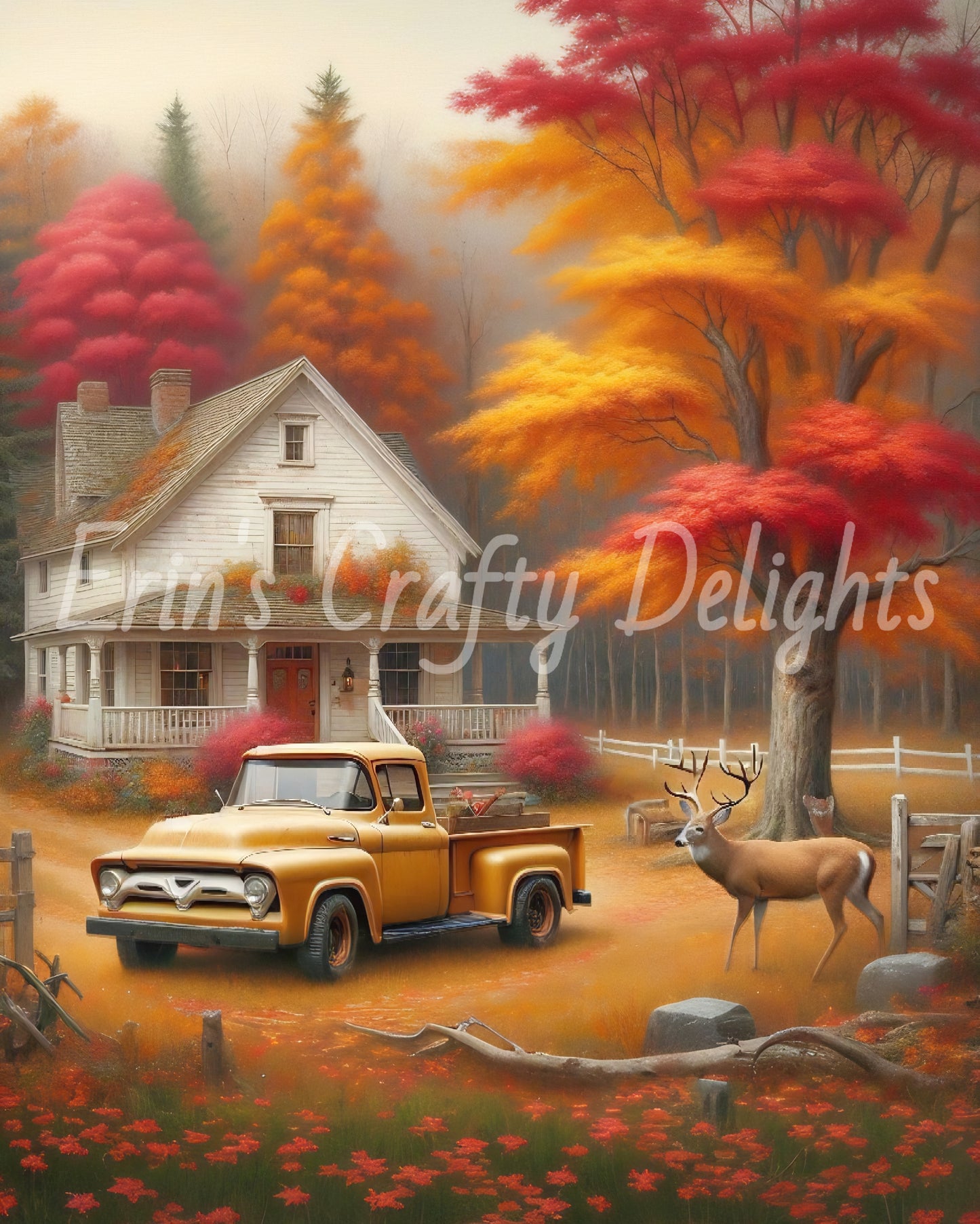 2 Autumn Yellow Truck and Farmhouse