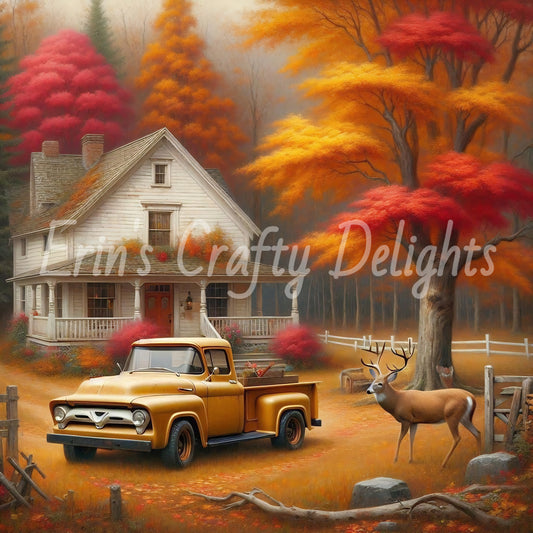 2 Autumn Yellow Truck and Farmhouse