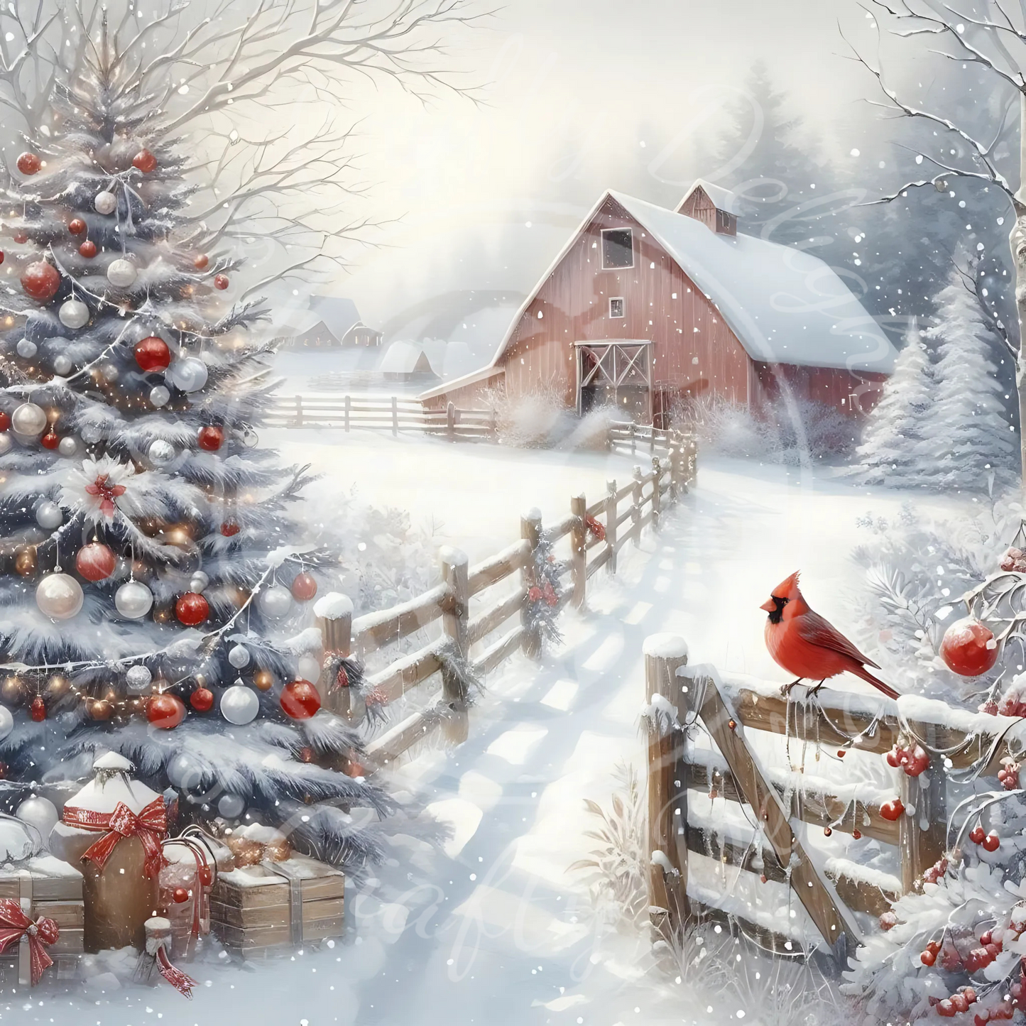 2 Christmas Cardinal and Barn