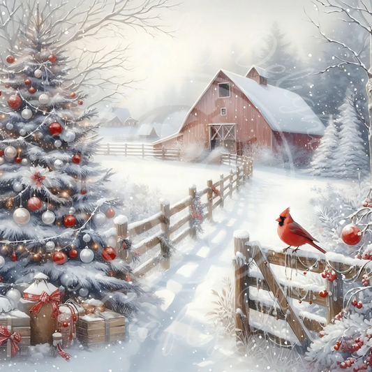 2 Christmas Cardinal and Barn