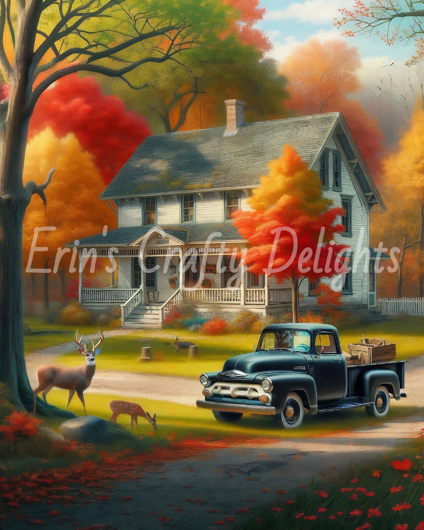 3 Autumn Black Truck and Farmhouse