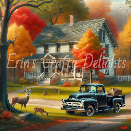 3 Autumn Black Truck and Farmhouse
