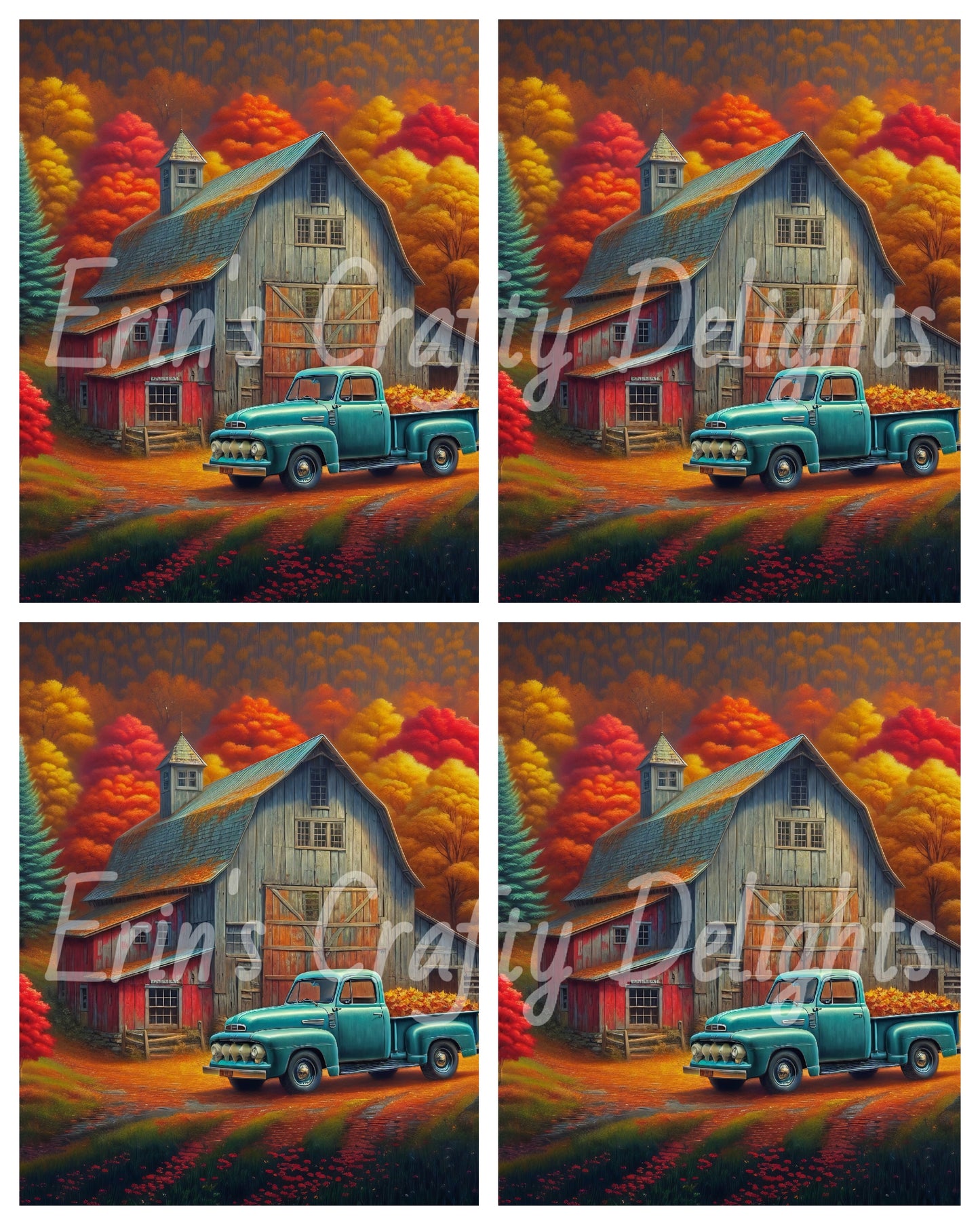 3 Autumn Blue Truck and Barn