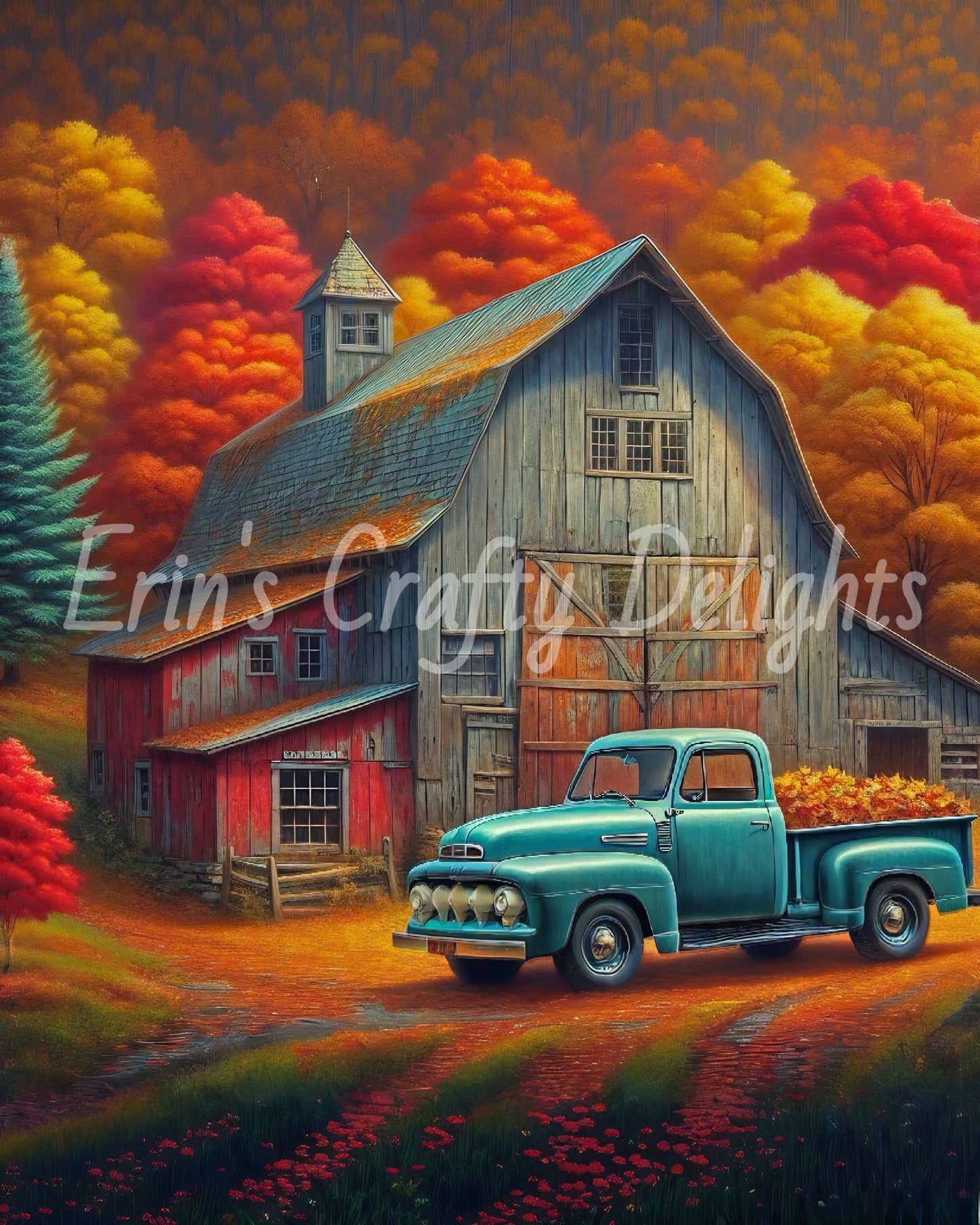 3 Autumn Blue Truck and Barn