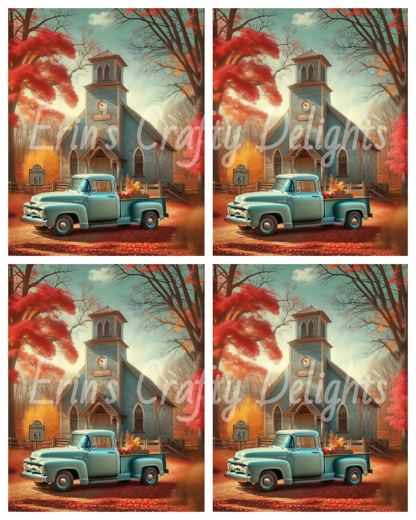 3 Autumn Blue Truck and Church