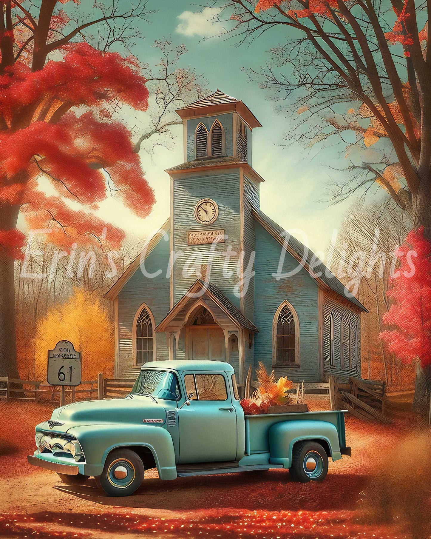 3 Autumn Blue Truck and Church