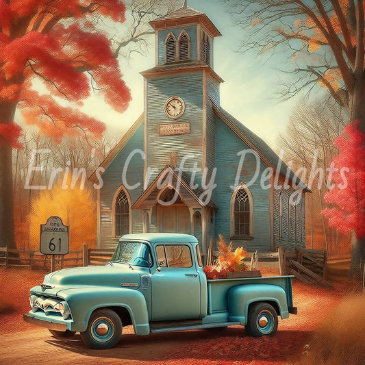 3 Autumn Blue Truck and Church