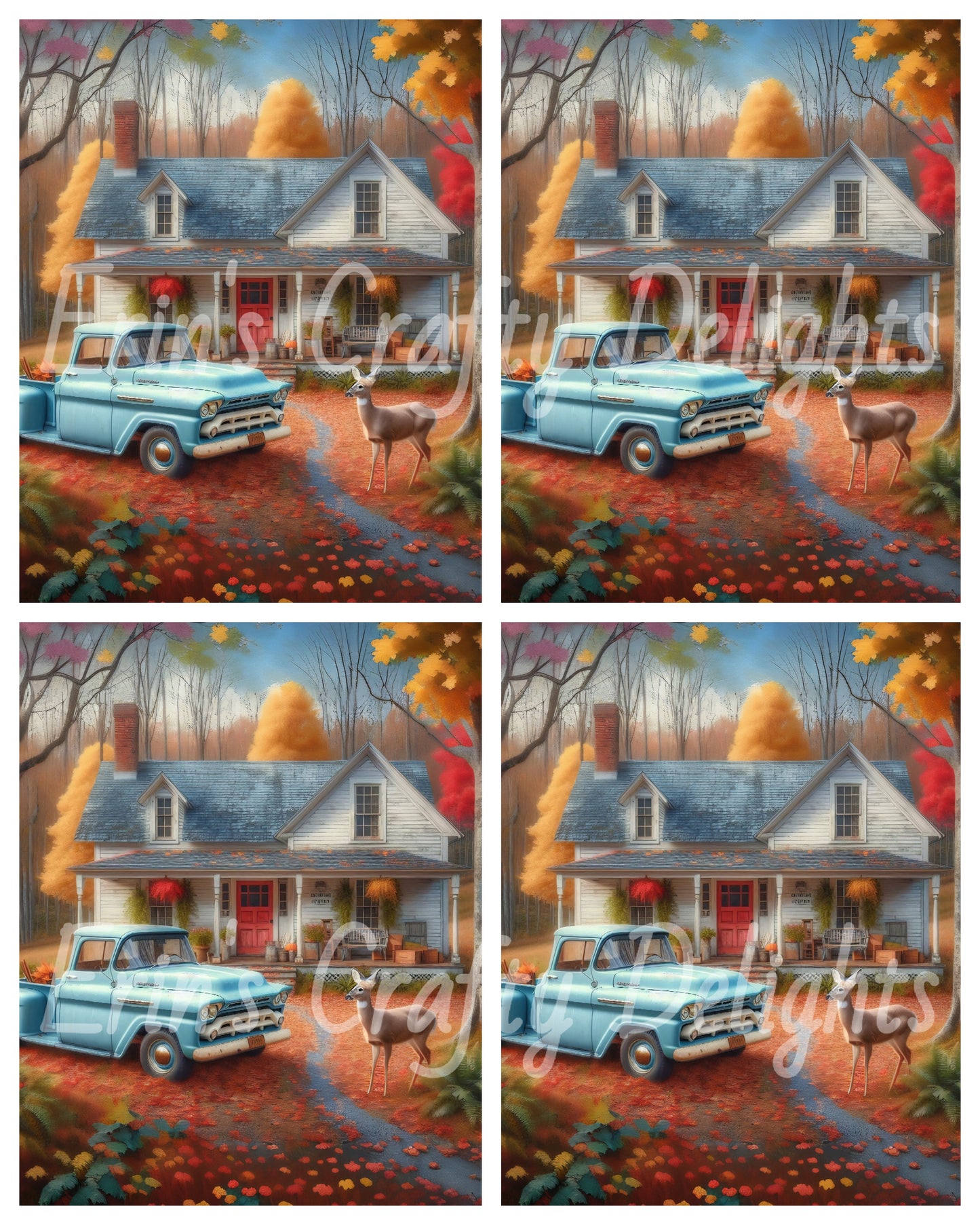 3 Autumn Blue Truck and Farmhouse