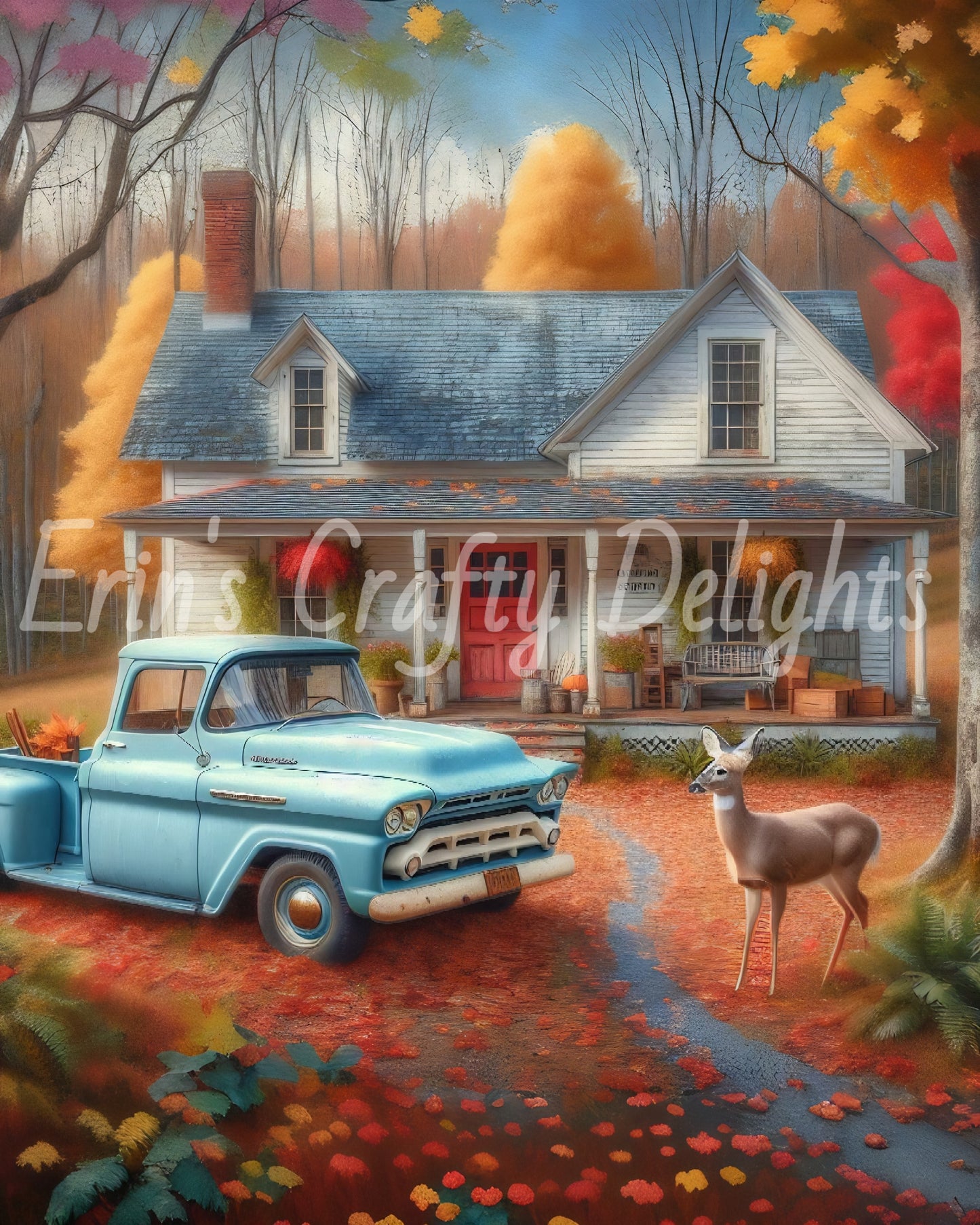 3 Autumn Blue Truck and Farmhouse
