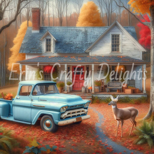 3 Autumn Blue Truck and Farmhouse