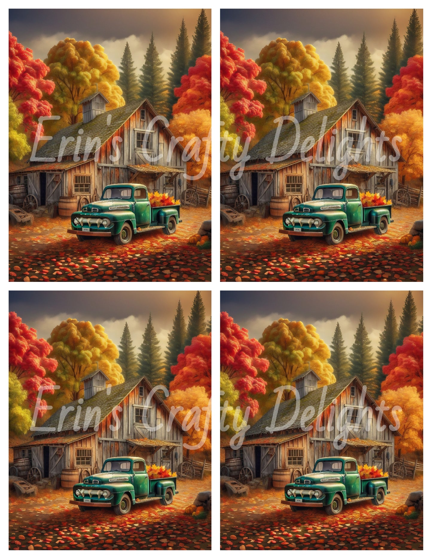 3 Autumn Green Truck and Barn
