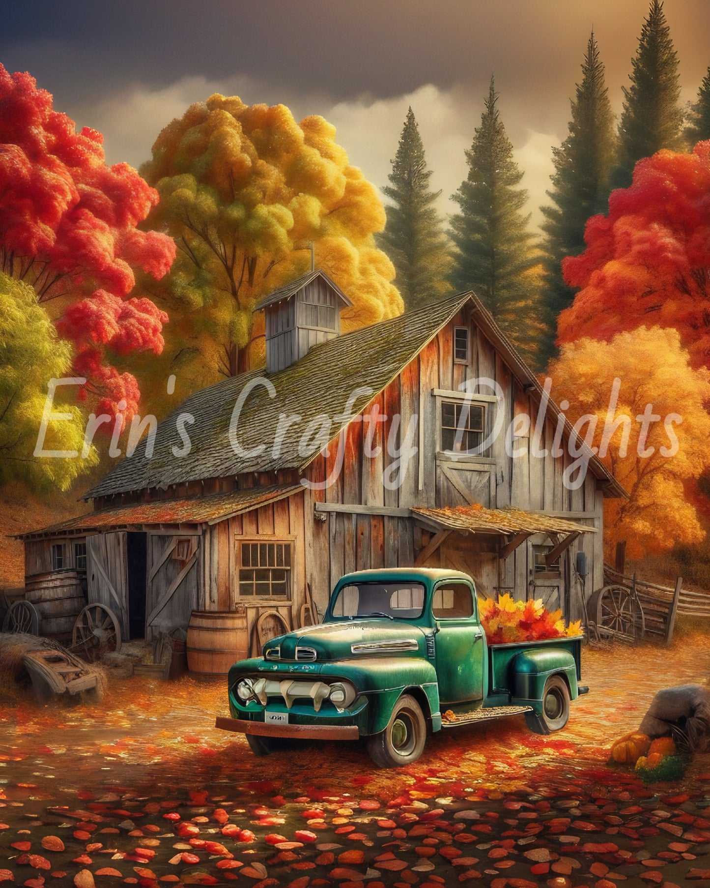 3 Autumn Green Truck and Barn
