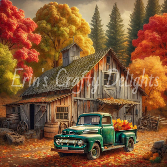 3 Autumn Green Truck and Barn