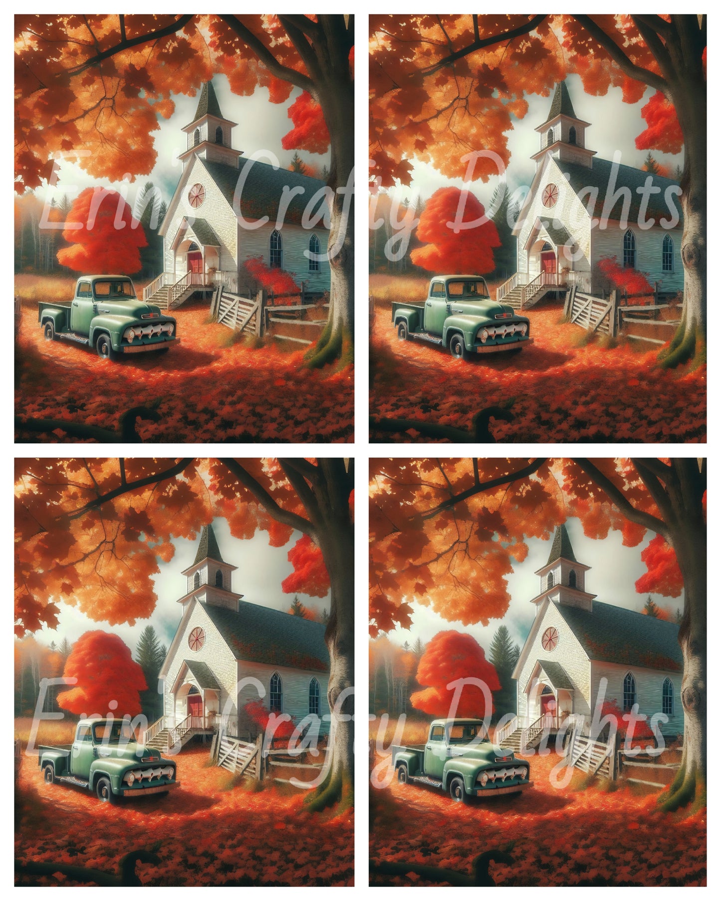3 Autumn Green Truck and Church