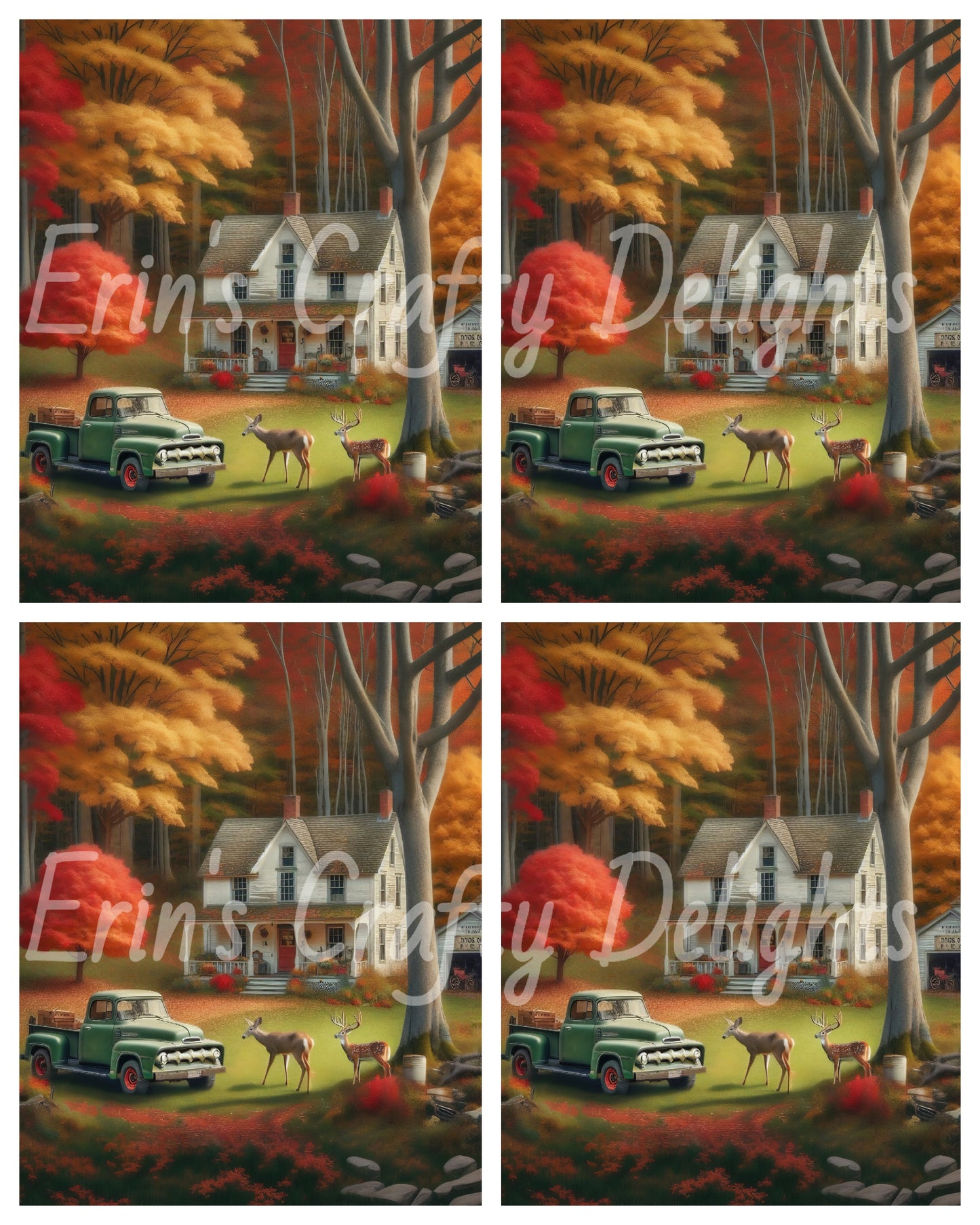 3 Autumn Green Truck and Farmhouse