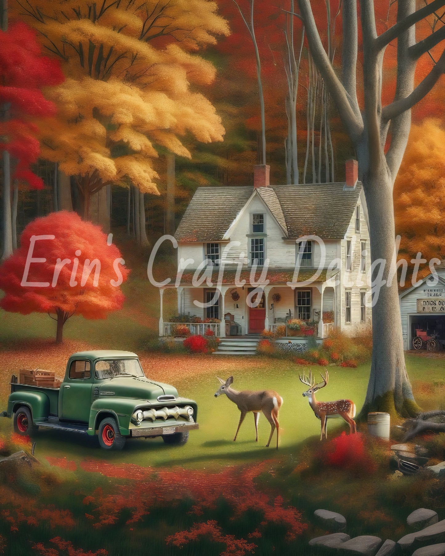 3 Autumn Green Truck and Farmhouse