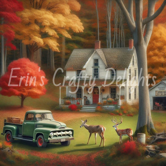 3 Autumn Green Truck and Farmhouse