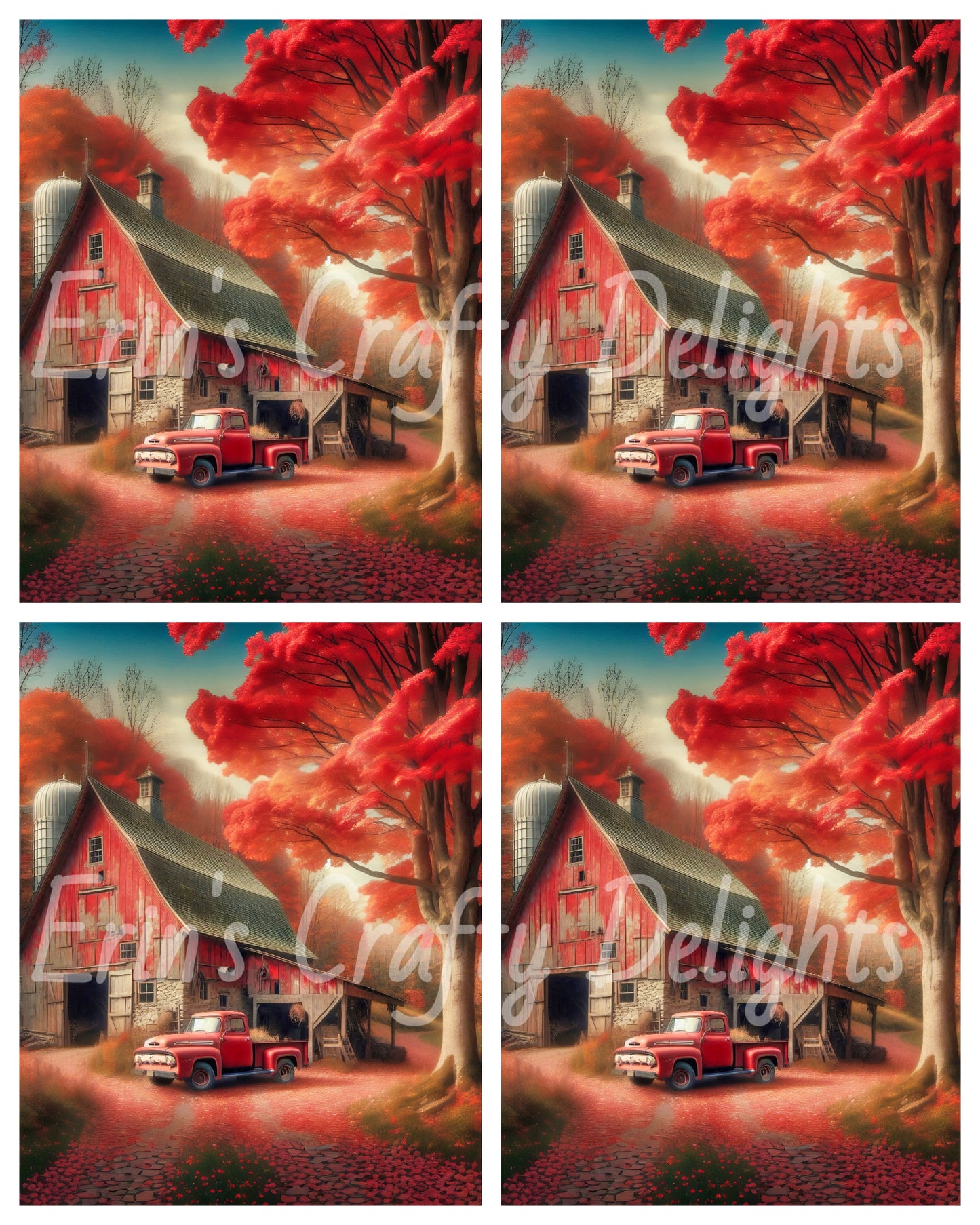 3 Autumn Red Truck and Barn
