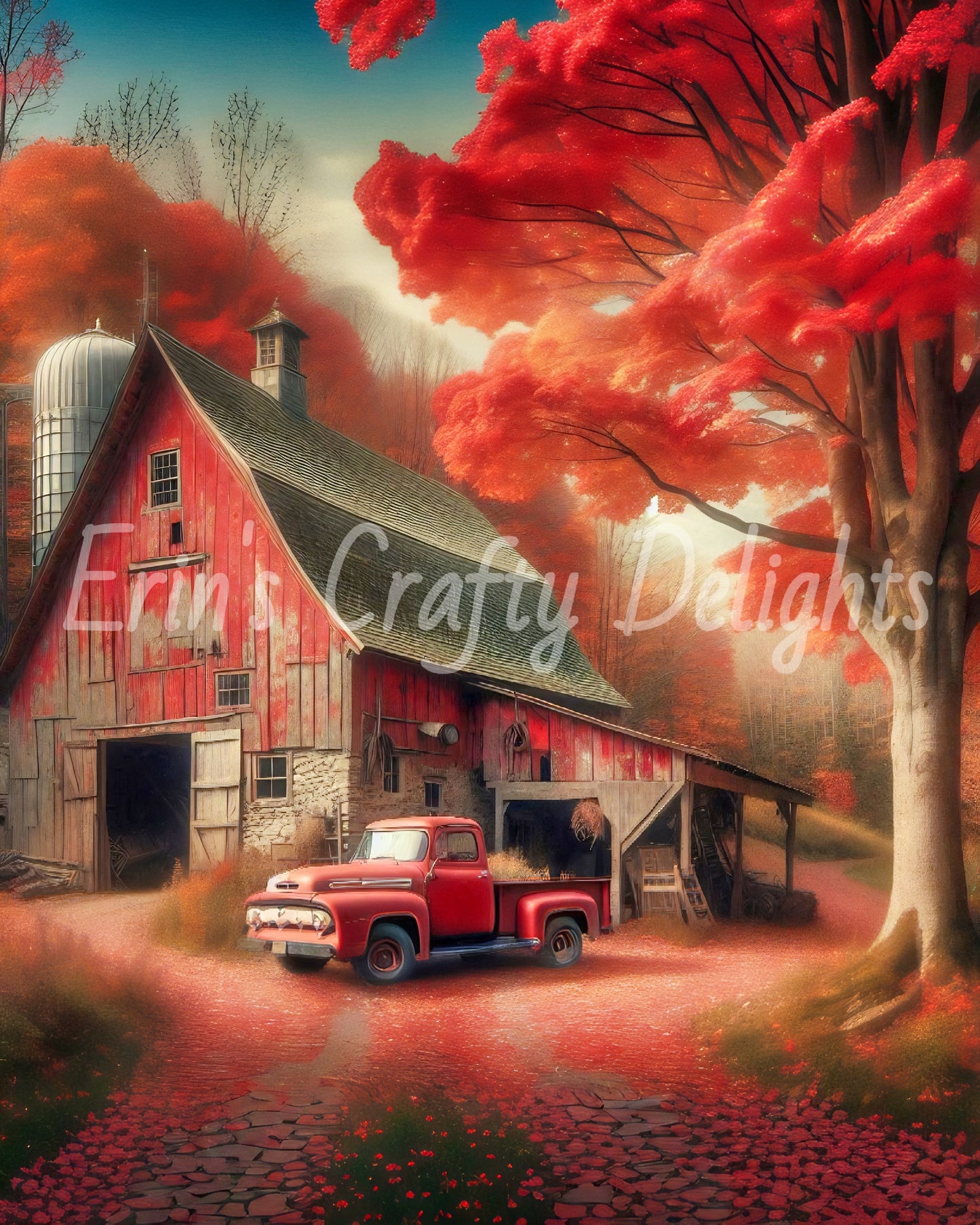 3 Autumn Red Truck and Barn