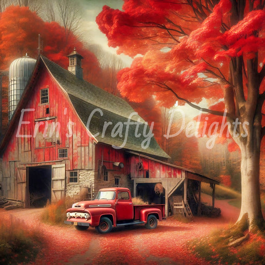 3 Autumn Red Truck and Barn